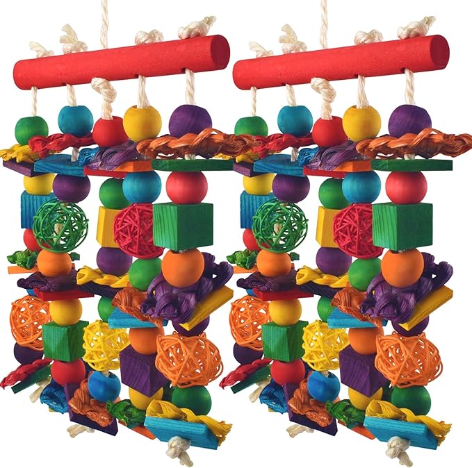 DBNESS Bird Toys, 2PCS Parrot Foraging Hanging Toy, Multicolored Natural Wooden Blocks Parakeet Chewing Toys mit Rattan Wicker Balls, for Medium Small Cockatoos Budgie Lovebird Cockatiel Conure