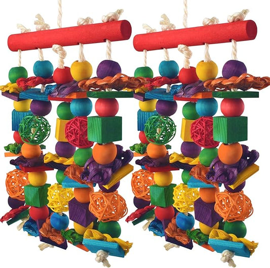 DBNESS Bird Toys, 2PCS Parrot Foraging Hanging Toy, Multicolored Natural Wooden Blocks Parakeet Chewing Toys mit Rattan Wicker Balls, for Medium Small Cockatoos Budgie Lovebird Cockatiel Conure