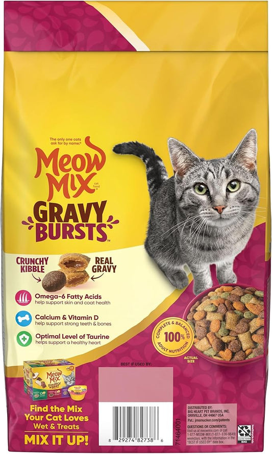 Meow Mix Gravy Bursts, Savory Chicken Flavor Mix, Gravy Filled Dry Cat Food, 3 lb. Bag (Pack of 2)