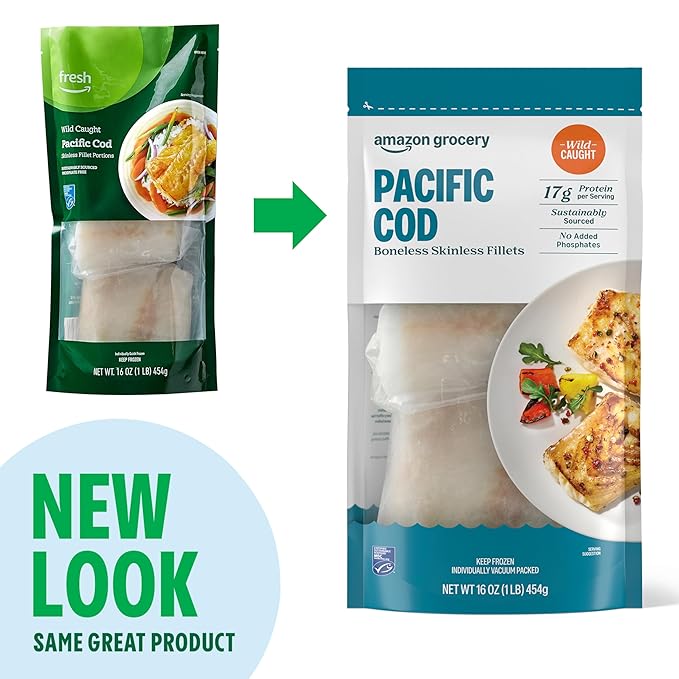 Amazon Grocery, Wild Caught Pacific Cod, Boneless Skinless Fillets, 16 oz (Previously Amazon Fresh, Packaging May Vary)