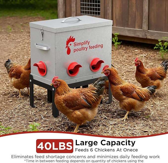 Hiqufet 40 lb Large Automatic Chicken Feeder with 6 No-Waste Ports – Outdoor Metal Chicken Feeders with Adjustable Stand, Rodent-Resistant Design & Riveted Handles for Chickens, Ducks & Poultry