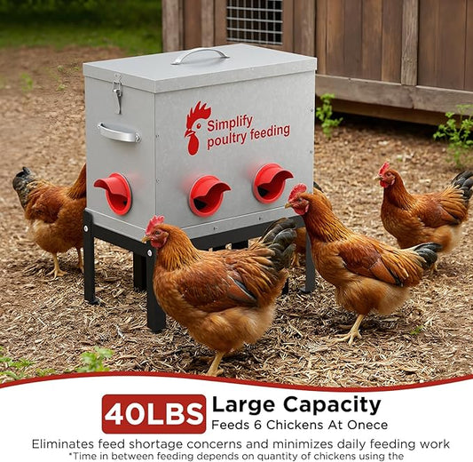 Hiqufet 40 lb Large Automatic Chicken Feeder with 6 No-Waste Ports – Outdoor Metal Chicken Feeders with Adjustable Stand, Rodent-Resistant Design & Riveted Handles for Chickens, Ducks & Poultry