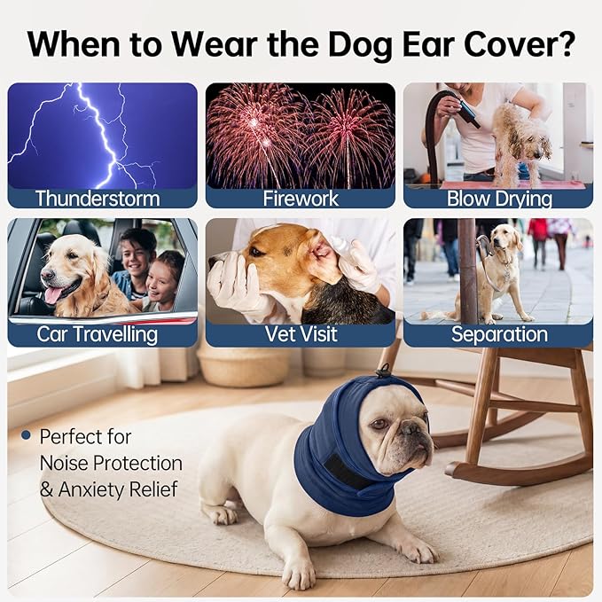 IDOMIK Dog Ear Muffs Noise Protection, Dog Calming Hoodie for Anxiety Relief, Soft Double-Layer No Shake Head Wraps, Quiet Ear Covers for Thunderstorm, Firework, Bath, Grooming & Blow Drying,Blue,S