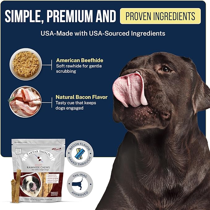Tartar Shield Soft Rawhide Chews | Safe Dental Treats for Large Dogs | Vet VOHC Approved | Daily Bone Cleans Teeth & Gums Fresh Breath Oral Health Support | USA Made | (XL Dogs / 12 Count)