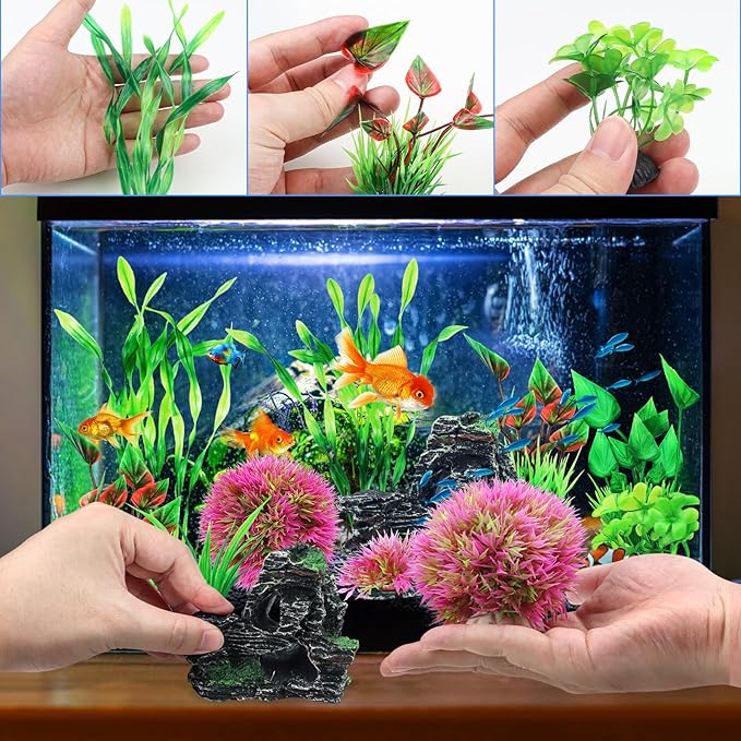 QUOZUO Fish Tank Accessories Aquarium Plants, 10pcs Colorful Fish Bowl Ornaments Plants and Rock Cave Decor Set, Aquarium Decor
