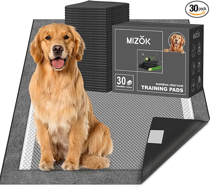 MIZOK Dog Pee Pads Charcoal, 28"x30" Large Wee Wee Pads for Dogs, Superior Odor Protection, Super Absorbent & Leak-Proof, Puppy Pads with Adhesive Tabs, Thick & Heavy (30 Counts)