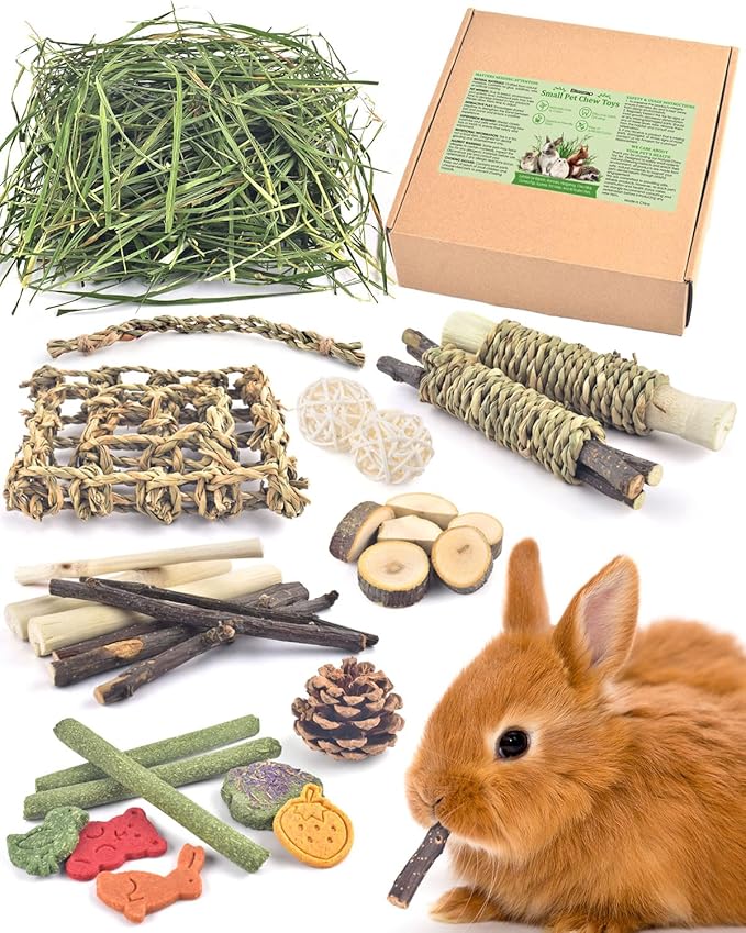 Bissap Rabbit Chew Toy, Natural Bunny Treats Snacks with Timothy Hay Water Grass Mat Chewing Bamboo Apple Sticks Box for Guinea Pigs Chinchillas Hamsters Gerbils and Other Small Pets Teeth Grinding