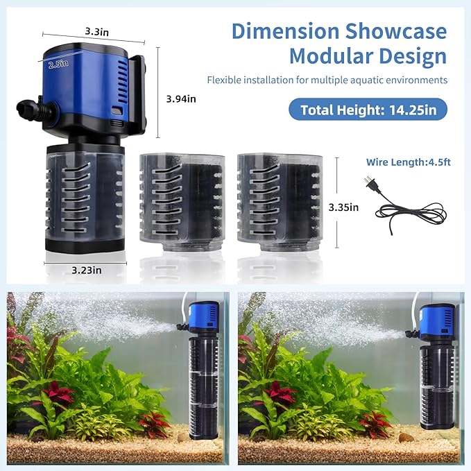 TARARIUM Aquarium Filter 400GPH for 55-200 Gallon Fish Tank, Biochemical Quiet Submersible Internal Powerful Pump Air Supply, Wave Maker 4 in 1, Small Ponds, Saltwater & Freshwater Crystal Clear
