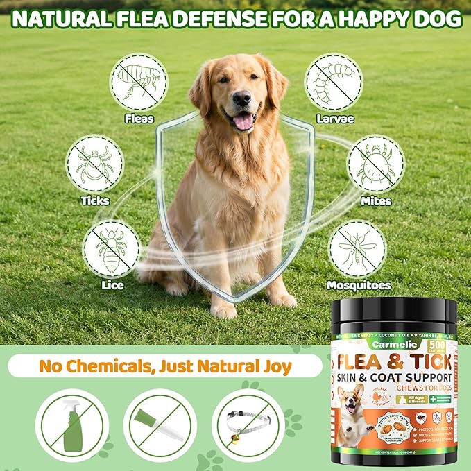 Flea and Tick Prevention for Dogs Chewables, 500ct Dog Flea and Tick Treatment with Multivitamins - Support Skin & Coat - Tasty Treats for All Breeds - Crunchy & Savory Chicken and Krill Flavor