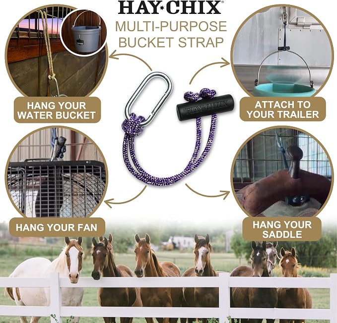 hay chix Horse Bucket Strap for Stalls | Bucket Hanger for Water Buckets | Multipurpose Hanging Strap for Trailer, Barn, Stable, and Horse Show Use | Easy to Use, Durable | 14 Inch, R. Amethyst