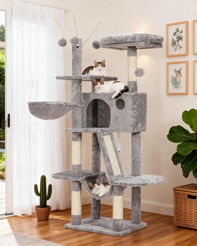 Hey-brother Cat Tree, 53 inch Cat Tower for Indoor Cats, Cat House with Padded Platform Bed, Toy Balls, Large Cozy Condo, Hammocks and Sisal Scratching Posts, Light Gray MPJ019-SW