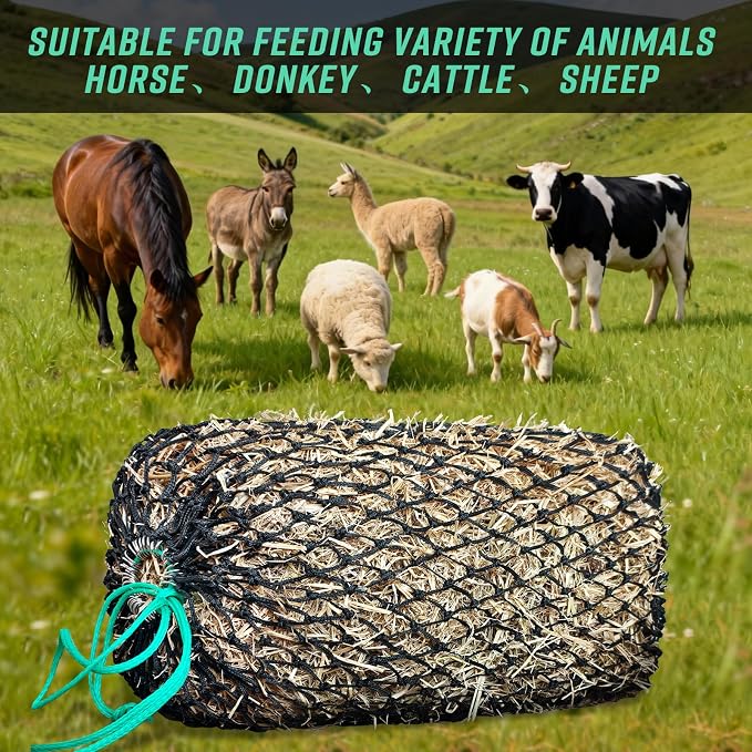 Square Bale Hay Nets for Horses, Premium PE Slow Feed Net with 1.6" Hole, Suitable for 36x18x18 to 45x25x17 Inches Hay Bales, Drawstring Closure for Easy Loading