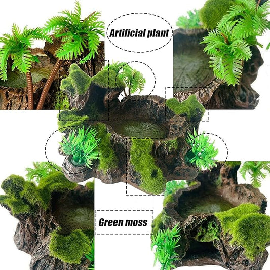 Reptile Feeding Bowl Resin Turtle Food Water Dish Terrarium Tank Decor with Artificial Plants for Lizard Gecko Chameleon Frog Spider