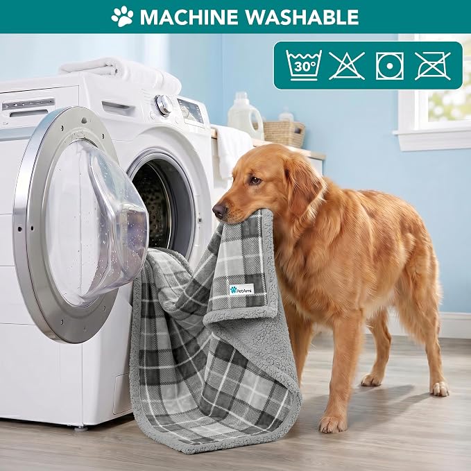 PetAmi Dog Blanket for Small Medium Dogs and Cats, Soft Sherpa Fleece Pet Blanket Throw Puppies Kittens, Reversible Plush Couch Cover Protector Sofa Bed Crate Machine Washable, 60x40, Plaid Light Gray
