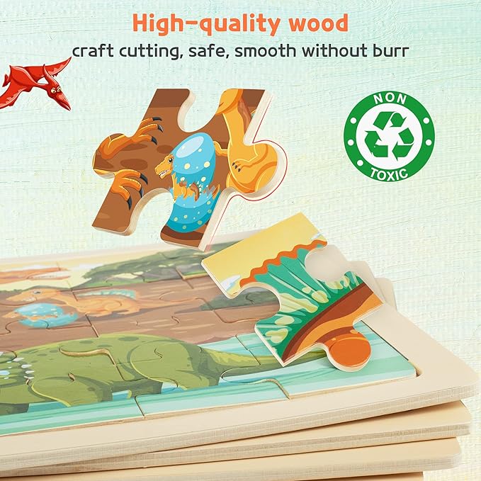 SYNARRY Large Dinosaur Wooden Puzzles for Kids 4 in 1 Gift Box(12.2 * 9.4 in), Jigsaw Puzzles for Kids Ages 4-6, Wood Puzzles for Kids Ages 3-5, Dinosaur Toys Gifts for 3 4 5 Year Old Boys Girls