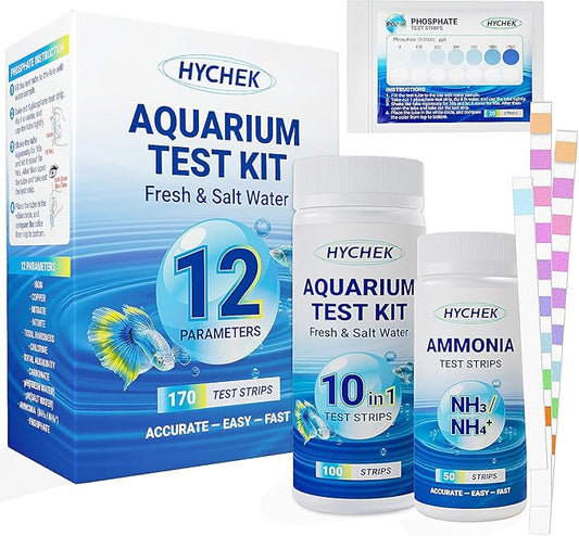12 in 1 Accurate Aquarium Test Strips - 170 Strips | Fish Tank Aquariums Water Test Kit | Fresh & Salt Water Testing Kit | Includes Ammonia, Phosphate Strips and More.