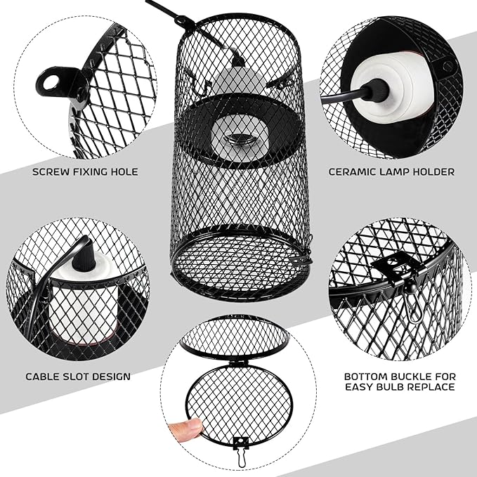 VIHOSE 4 Pcs Reptile Heat Lamp Guard with 150W Ceramic Heat Emitter Basking Anti Scald Heating Lamp Holder Mesh Cage Reptile Protection Lampshades for Lizard Snake Chick