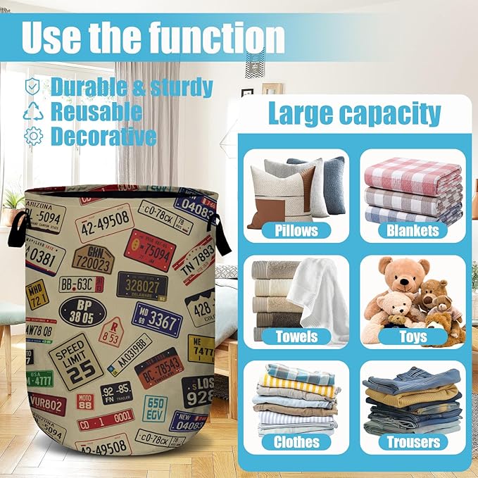 Colourful Car Number Plates Laundry Basket, Laundry Hamper Collapsible Oxford Cloth with Handle Clothes Storage Bin for Bathroom Laundry Room Bedroom 15.7 X 20 Inch
