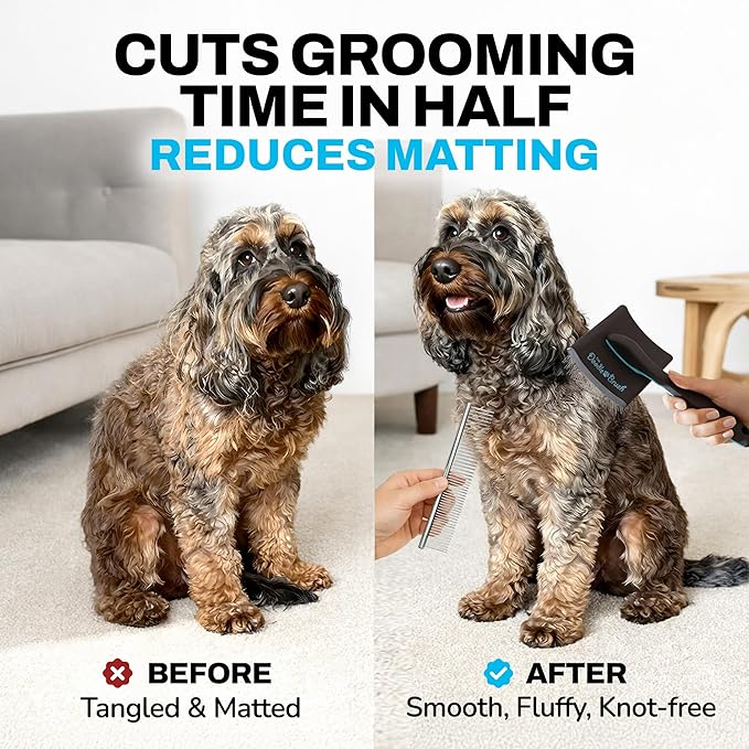 Grooming Kit, Slicker Dog Brush and Finishing Comb Set, Detangler & Dematting Grooming Tools for Dogs, Extra Long Pin Slicker & Metal Comb for Goldendoodle, Cockapoo, Cavapoo, Poodle