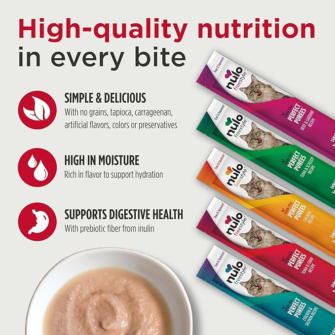 Nulo Freestyle Lickable Cat Treats - Perfect Purées Tuna & Scallop, Squeezable Grain-Free Wet Cat Food Topper, High Moisture for Hydration, 48 x 0.5oz