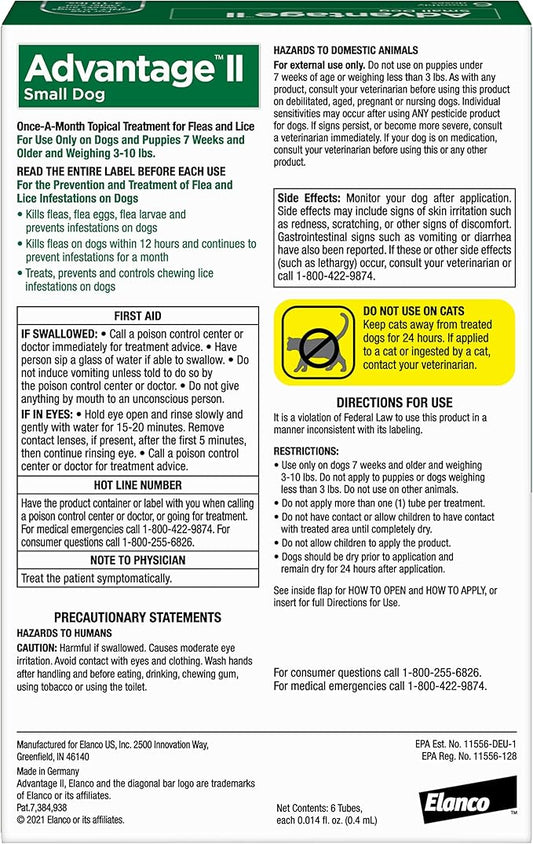 Advantage II Small Dog Vet-Recommended Flea Treatment & Prevention | Dogs 3-10 lbs. | 6-Month Supply