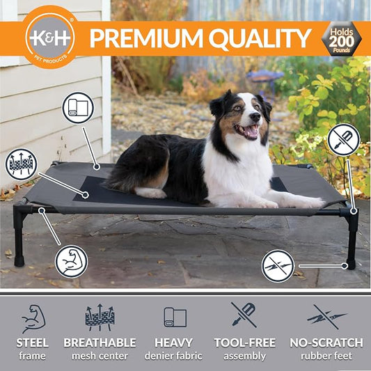 K&H Outdoor Elevated Dog Bed - Cooling Raised Dog Bed for Medium & Large Pets, Breathable Mesh Center Hammock Design, Indoor/Outdoor Washable Cover, Portable Metal Frame, Charcoal, Large 42x30in