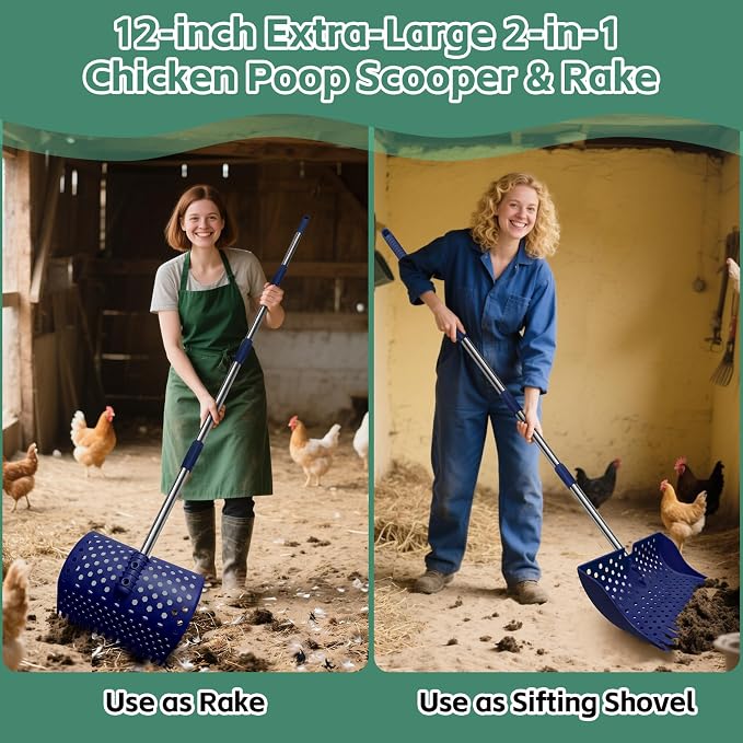 12" 2-in-1 Chicken Poop Scooper & Rake, 3-Shape Sifting Holes Chicken Coop Rake, Stainless Steel Handle (20–61") - Litter Scooper & Sand Sifting Shovel (U.S. Patent No. D1124534) - Blue