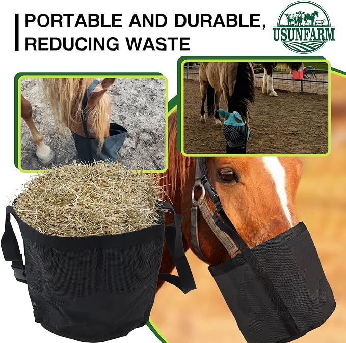 Horse Feed Bag 2 Pack-Grain Feeder Reinforced Bottom Mesh Feeding Troughs | Waterproof Oxford, Adjustable Neck & Nose Pad Breathable Mesh Muzzle Feed Bag for Grain Supplements, Trail Riding & Camping