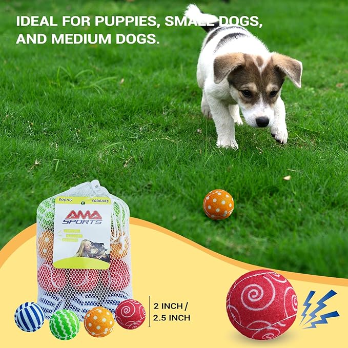 AMA SPORT Squeaky Tennis Balls for Dogs 4 Pack 2.5" Squeaky Tennis Balls for New Puppy Small Medium Dog Toys for Fetch, Exercise, Outdoor Play