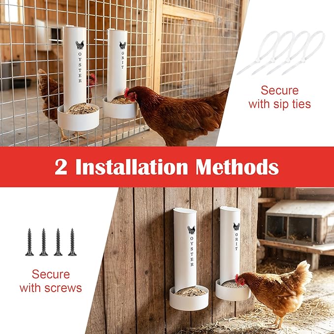 Chicken Oyster Shell Feeder and Grit Feeder and 6 Pcs Automatic Chicken Waterer Cup, Metal Hanging Poultry Feeders and Plastic Poultry Water Cup, Coop Accessories, White