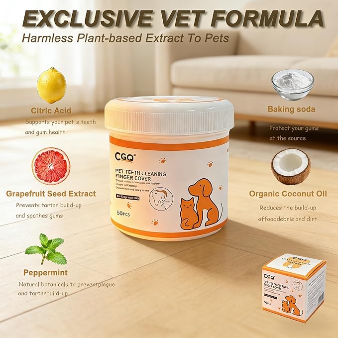 CGO Pet Teeth Cleaning Finger Wipes (50 Count) - Soft Dental Finger Covers for Dogs & Cats - Effectively Removes Plaque & Tartar, Freshens Breath - Alcohol-Free, Non-Irritating Oral Care Routine