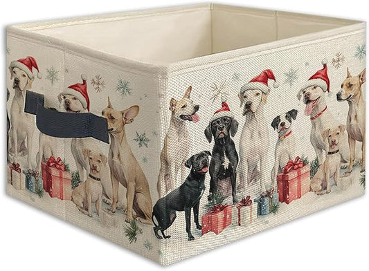 Christmas Dog Foldable Storage Bins Box with Handles, Dog Lovers Gifts, Winter Christmas Santa Dogs Snowflake Holiday Collapsible Toys Books Clothes Organizer Basket for Bedroom Bathroom