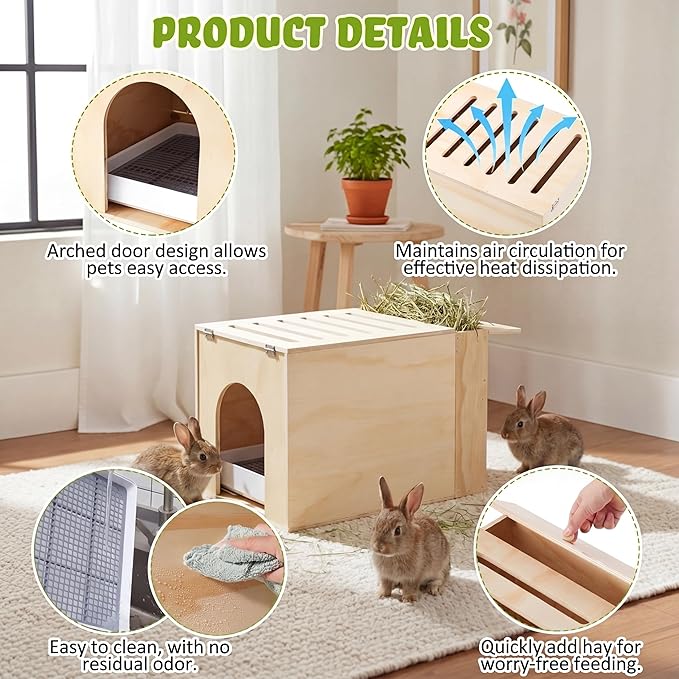 2 in 1 Extra Large 23 x 13.4 Inches Wooden Rabbit Litter Box with Hay Feeder Large Capacity Less Mess Rabbit Hay Feeder Litter Box Set for Rabbits, Bunny, Guinea Pig, Hamster, Small Animals