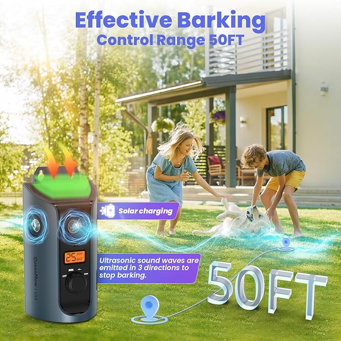 Anti Barking Device, 50FT Solar Charging Dog Barking Deterrent Device, Tri-Directional Ultrasonic Stop Dog Barking Device, Barking Control Device for Indoor Outdoor | Solar Charging Tri-Directional Ultrasonic