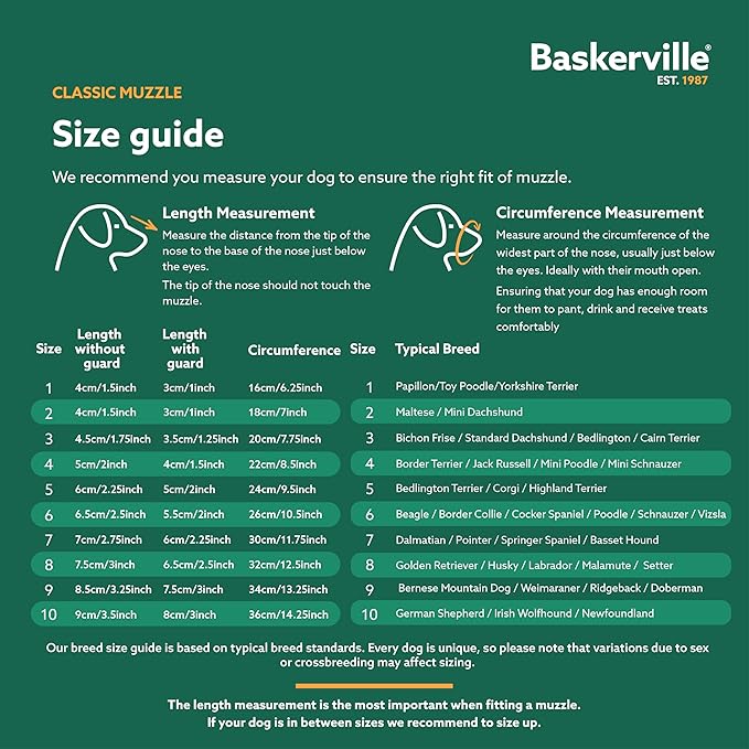 Baskerville Classic Basket Muzzle - Dog can Pant and Drink, Prevents Biting and Food Waste Scavenging, Strong TPR, Ideal for Longer Nosed Dogs, Breathable Dog Training Muzzle for Large Dogs (Size 10)
