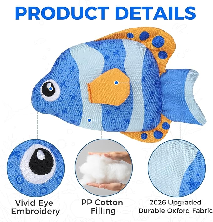 BINGPET Floating Dog Toys, 2 Pack Durable Squeaky Fish Water Toy for Pool Beach Outdoor Interactive Fetch, Oxford Fabric Summer Swimming Pool Toys for Small Medium Large Dogs