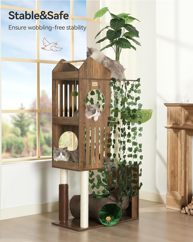 FourFurPets Large Cat Tree with Leaves, 72.8-Inch Cat Tower for Indoor Cats, Modern Cat Tree with Scratching Post, Large Perch, Tunnels, Swing Ball, Self Groomer, Greige
