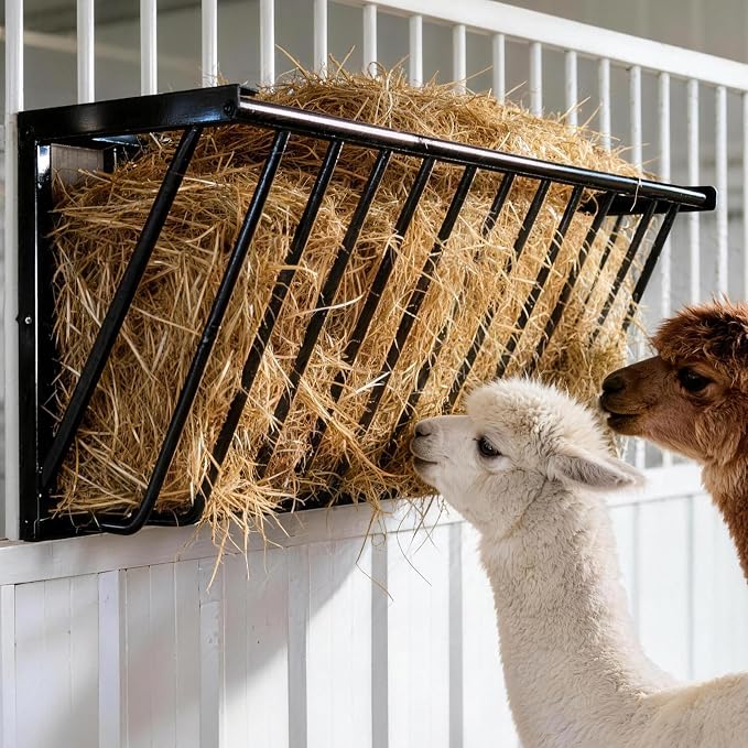 Wall Mounted Hay Feeder & Blanket Holder, 63" 67 Gal Heavy Duty Steel Hay Rack for Horse Stall, Goat Shed, Sheep Barn, Organizer for Feeding and Storage