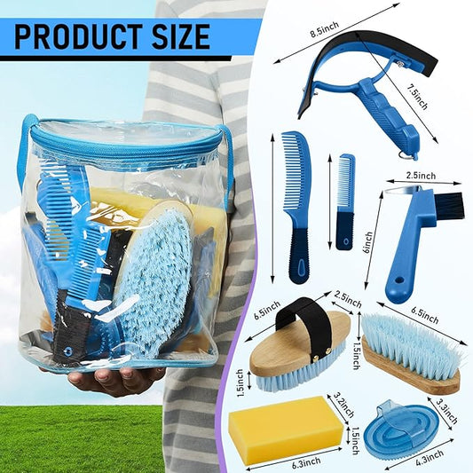 Cunhill 9 Pcs Horse Grooming Kit Tack Room Supplies Set with Tote Bag, Oval Massage Curry, Hard and Soft Brush, Hoof Pick, Sweat Scraper, Bathing Sponge, Comb for Horse Rider(Cute,Blue)