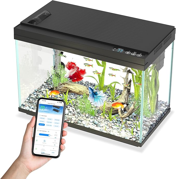 Smart Fish Tank Starter Kit with Smart Temperature Display & Wireless Control, 5.8 Fish Tank Self Cleaning, 3-in-1 Quiet Filter Pump, 7-Color LED, Heater, Feeder for Beginner Aquarium
