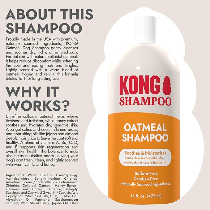 Kong Oatmeal Dog Shampoo, Soothes & Moisturizes, Oatmeal & Honey Scent - 18 fl oz, Biodegradable, pH-Balanced, Sulfate-Free, Cruelty-Free, for Sensitive Skin, All Coat Types, Made in USA