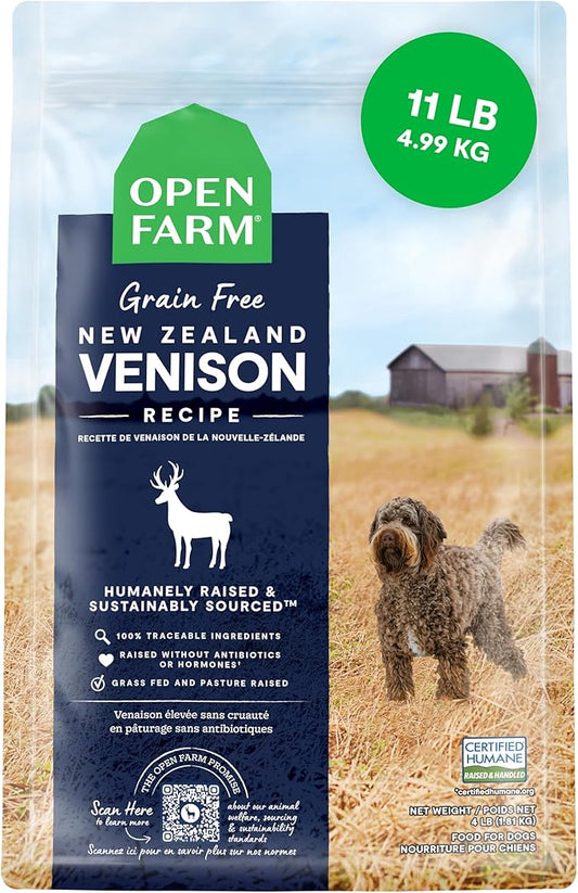 Open Farm, Grain-Free Dry Dog Food, Complete & Balanced Kibble, Sustainably & Ethically Sourced Ingredients, Non-GMO Veggies & Superfoods Support Overall Health, New Zealand Venison Recipe, 11lb Bag