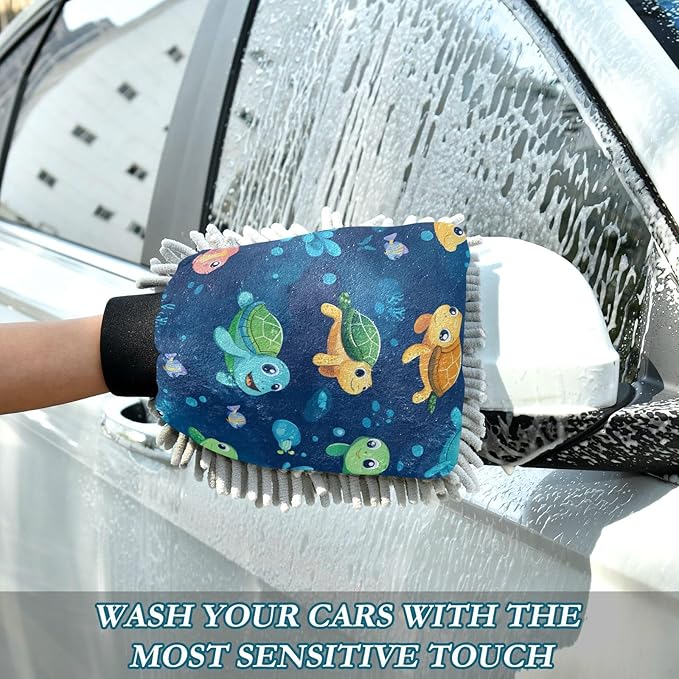 Car Wash Mitt Microfiber Wash Mitts for Car Washing Scratch-Free Cleaning Gloves Soft Non Absorbent Chenille Auto Hand Mitt Large 2Pack Cute Turtles and Corals