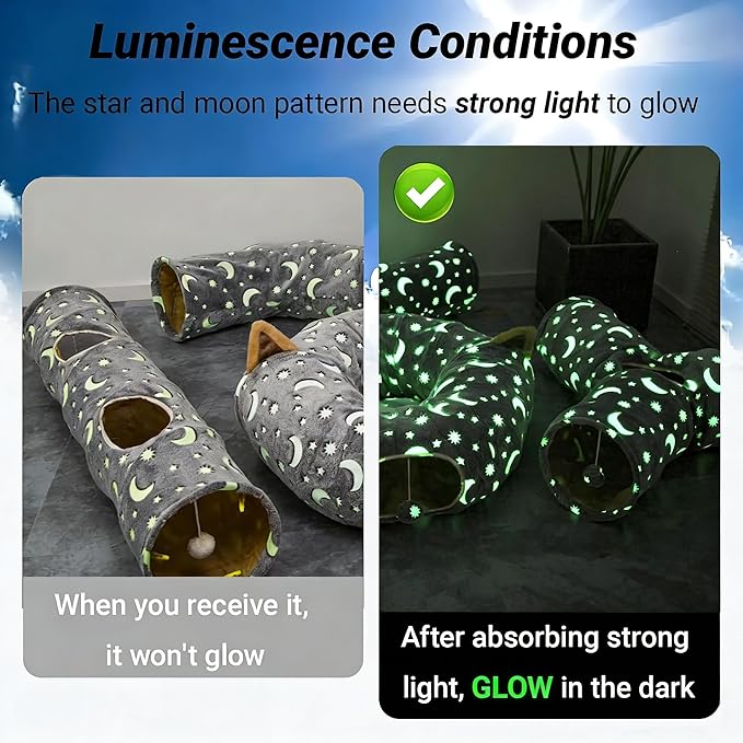 Cat Tunnel Tube with Plush Ball Toys Collapsible Self-Luminous Photoluminescence, for Small Pets Bunny Rabbits, Kittens, Ferrets,Puppy and Dogs Grey Moon Star (S-Shape)