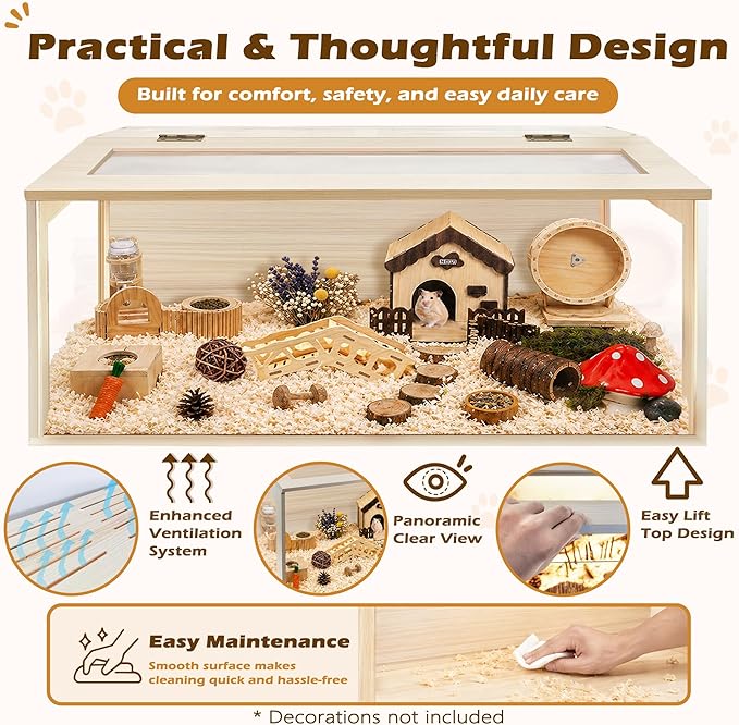 PROLEE Hamster Cage with Chewproof Wood Top, Guinea Pig Cages, Hamster Habitat with Clear Acrylic Sheets Solid Built, Small Animal Cage (Oak, 48X19.5X19.5 inch)