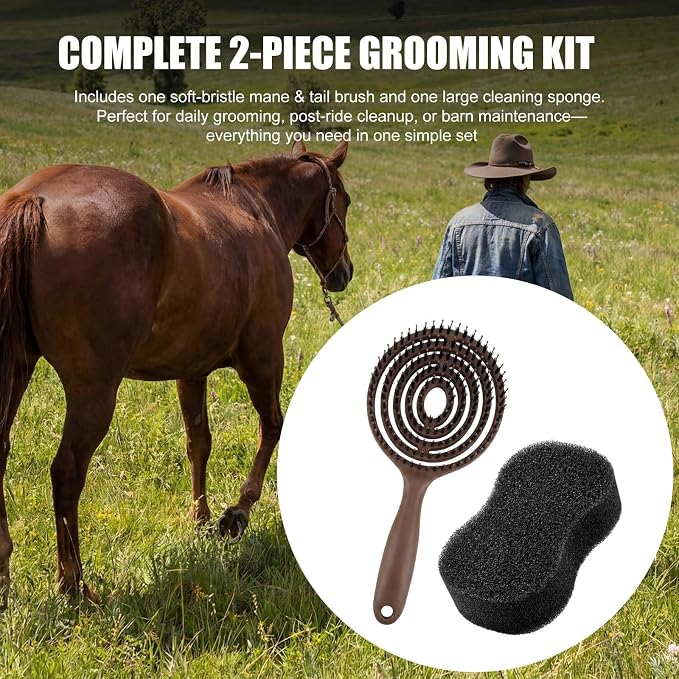 Horse Grooming Set with Mane & Tail Brush and Soft Cleaning Sponge – for Daily Coat Care, Removing Dirt, Sweat & Loose Hair