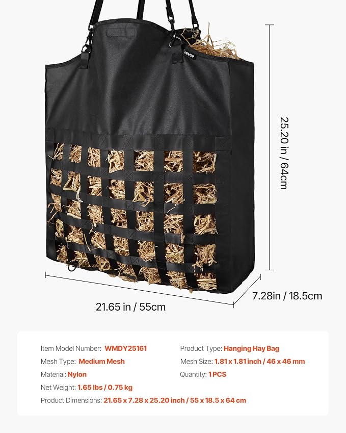 VEVOR Hay Bag for Horses, 21.65 x 7.28 x 25.2 in, 1.81 x 1.81 in Holes, Premium Nylon Construction with PVC Waterproof Coating, Adjustable Hanging Straps and Metal Hooks, Slow Feed Hay Bag for Horses