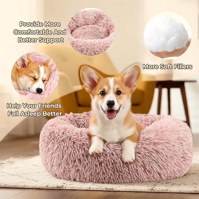 Calming Donut Dog and Cat Bed for Indoor Cats, Anti-Anxiety Round Fluffy Soft Washable Small Pet Bed for Puppy and Kitten, Warming Comfortable Luxury Anti-Slip Waterproof Mute Base 20in Pink