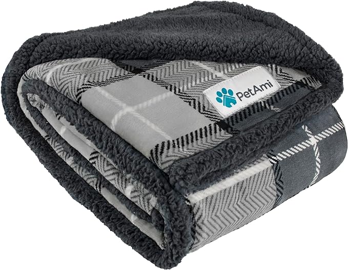 PetAmi Dog Blanket for Small Medium Dogs and Cats, Soft Sherpa Fleece Pet Blanket Throw Puppies Kittens, Reversible Plush Couch Cover Protector Sofa Bed Crate, Machine Washable, 60x40, Plaid Dark Gray