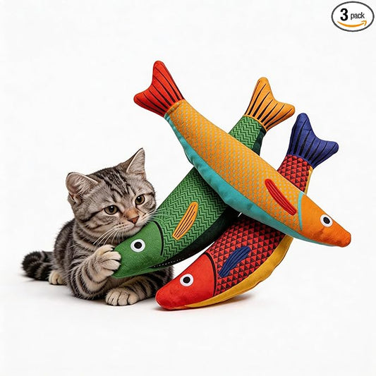 3D Realistic Catnip Cat Toys 3 Pack, Durable Catnip Fish Kicker Toy for Indoor Cats, Interactive Cat Chew Toy for Teething & Biting, Rattle Fish Toy